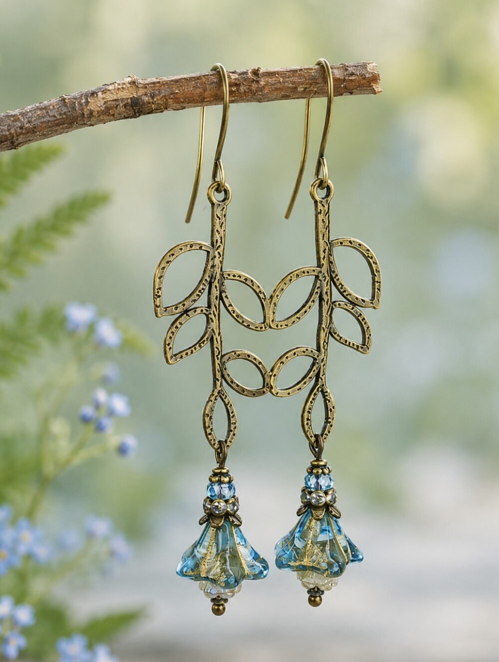 Blue Czech Glass Flower Earrings Secret Garden Cottage Artisan Hand Crafted